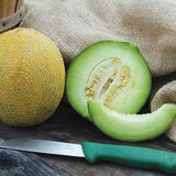 RARE Heirloom Organic Rocky Ford Green Flesh Melon Seeds (Aka Eden Gem Melon) one whole and one sliced, on a wooden surface with a knife.