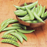 Heirloom Organic Sugar Daddy Stringless Peas in a wooden bowl on a wooden surface