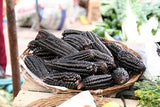 RARE  (NATIVE AMERICAN) Heirloom Organic Black Aztec Corn Seeds (Black Mexican Corn) Seeds in a woven basket on a market stall