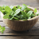 Bowl of Organic Heirloom Spearmint leaves on a wooden surface