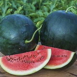 Two whole Organic Heirloom Blacktail Mountain Watermelons and one sliced watermelon on a wooden surface with green leaves in the background.