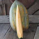 RARE Heirloom Organic Bidwell Casaba Melon with a slice cut off, placed on a wooden surface