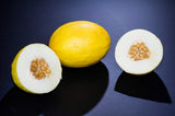 RARE Heirloom Organic Canary Melon Seeds with a cut half showing seeds on a dark background