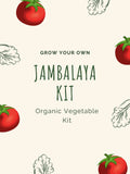 Promotional graphic for an organic vegetable kit with tomatoes and greens on a white background. Jambalaya Kit Grow Your Own Organic Food