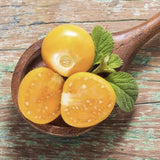 Wooden spoon with Heirloom Organic Cape Gooseberry Seeds  Aka Physalis peruviana, Golden Berry, Rasbhari, Peruvian Groundcherry, Poha and mint leaves on a rustic wooden surface