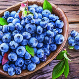 Wooden bowl filled with blueberries on a wooden surface