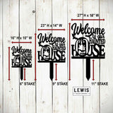 Decorative signs with 'Welcome to our Haunted House' text and dimensions on a wooden background.