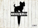 Black silhouette of a dog with 'CUSTOM NAME' text on a wooden background, featuring the Lewis Design Company logo.