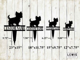 Silhouettes of dogs with customizable name signs on a wooden background, featuring dimensions and Lewis Design Company branding.