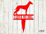 Red whippet dog-shaped sign with 'I love my dog' text on a wooden background, featuring the Lewis Design Company logo.