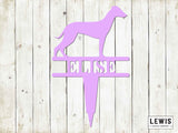 Purple whippet dog-shaped sign with 'ELISE' on a wooden background, featuring the Lewis Design Company logo.