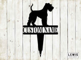 Black silhouette of a dog with 'CUSTOM NAME' text on a wooden background, featuring the Lewis Design Company logo.