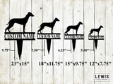 Set of four black whippet dog silhouettes with customizable text on a wooden background, featuring dimensions and Lewis Design Company branding.