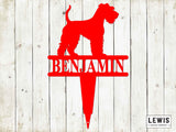 Red dog silhouette with 'BENJAMIN' on a wooden background, Lewis Design Company branding.