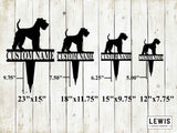 Silhouettes of dogs with customizable names and dimensions on a wooden background, featuring the Lewis Design Company logo.