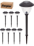 Set of solar-powered garden lights with an Energizer box in the background
