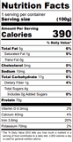 Nutrition facts label for a food product with serving size, calories, and various nutrients listed.