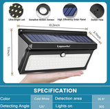 Solar light with dimensions and features labeled, held in a hand for scale.