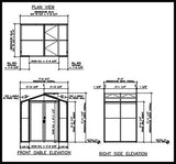 Architectural drawings of a building's plan view, front gable elevation, and right side elevation. The Sago Greenhouse 5' x 8'