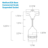 Technical drawing of a medium/E26 base commercial grade suspended socket with dimensions labeled.