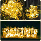 Solar-powered fairy lights in jars placed outdoors.