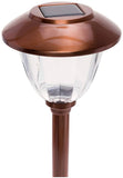 Solar-powered outdoor lamp with copper finish on a white background