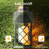 Solar lantern on grass with 'Auto On/Off' text and daylight vs night time indicators.