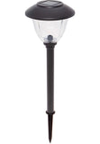 Solar-powered garden light with black base and clear cover on a white background