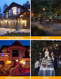 Collage of house exterior, garden, festival decoration, and party scenes with text labels.