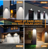Collage of outdoor solar lights in various settings with text highlighting their benefits.