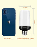 Comparison of an iPhone 12 and a Hompeva light bulb with dimensions indicated.