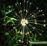 Decorative string light fixture in a garden with waterproof IP65 label.