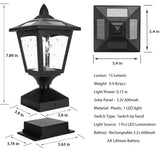 Black outdoor solar lamp with dimensions and specifications on a white background