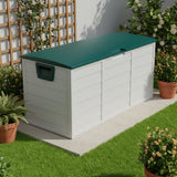 White storage box with a green lid in a garden setting