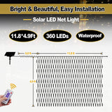 Solar LED net light with dimensions, LED count, and waterproof features on a gray background.