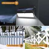 Solar light with IP65 waterproof and frost-resistant features, shown in various conditions.