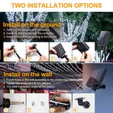 Instructions for installing LED string lights on the ground and wall with visual aids.
