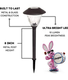 Solar lamp with features highlighted on a white background, including metal and glass construction, ultra-bright LED, 8-inch metal post height, and Energizer branding.