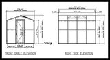 Technical drawing of a Janco greenhouse with front gable elevation and right side elevation views.