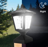 Outdoor lamp post illuminating a garden during day and night.