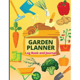 Garden planner log book and journal with gardening-themed illustrations on a yellow background