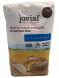 Bag of jovial 100% Organic Einkorn all-purpose flour with a loaf of bread on the label.