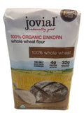 Bag of jovial 100% Organic Einkorn whole wheat flour with a picture of bread on a white background