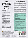 Back label of JP's Secret Stuff All-Purpose Organic Fertilizer with product details and usage instructions.