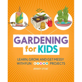 Book cover of 'Gardening for Kids' with gardening-themed illustrations and text on an orange background.