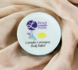 Lavender Lemongrass body butter container on beige fabric