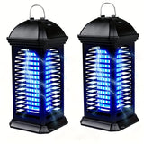 Two black outdoor mosquito lights with blue light output on a white background