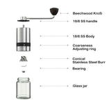 Diagram of a manual coffee grinder with labeled parts on a white background