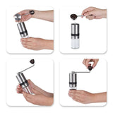 Step-by-step demonstration of using a manual coffee grinder.