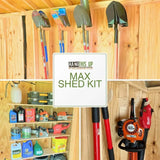 A collage showing a wooden shed organized with a hanging tool system and shelves. A large white label in the center reads 'HANG HIS UP MAX SHED KIT.